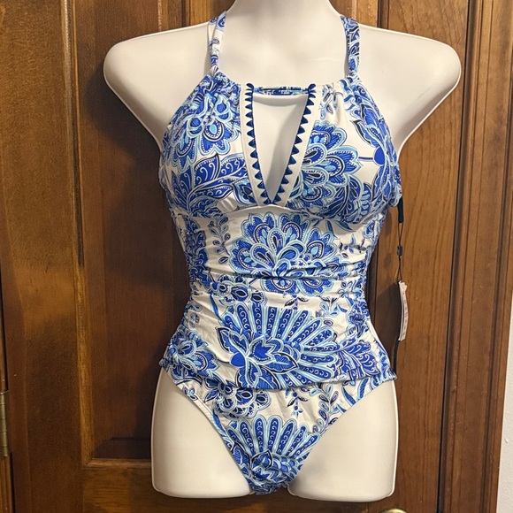 La Blanca Blue and White One Piece Swimsuit - Picture 1 of 7